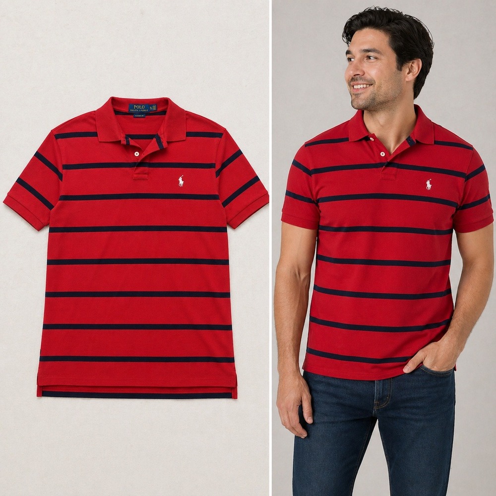 Polo Ralph Lauren Mens XL Classic Fit Red Navy Striped Cotton Polo Shirt 702